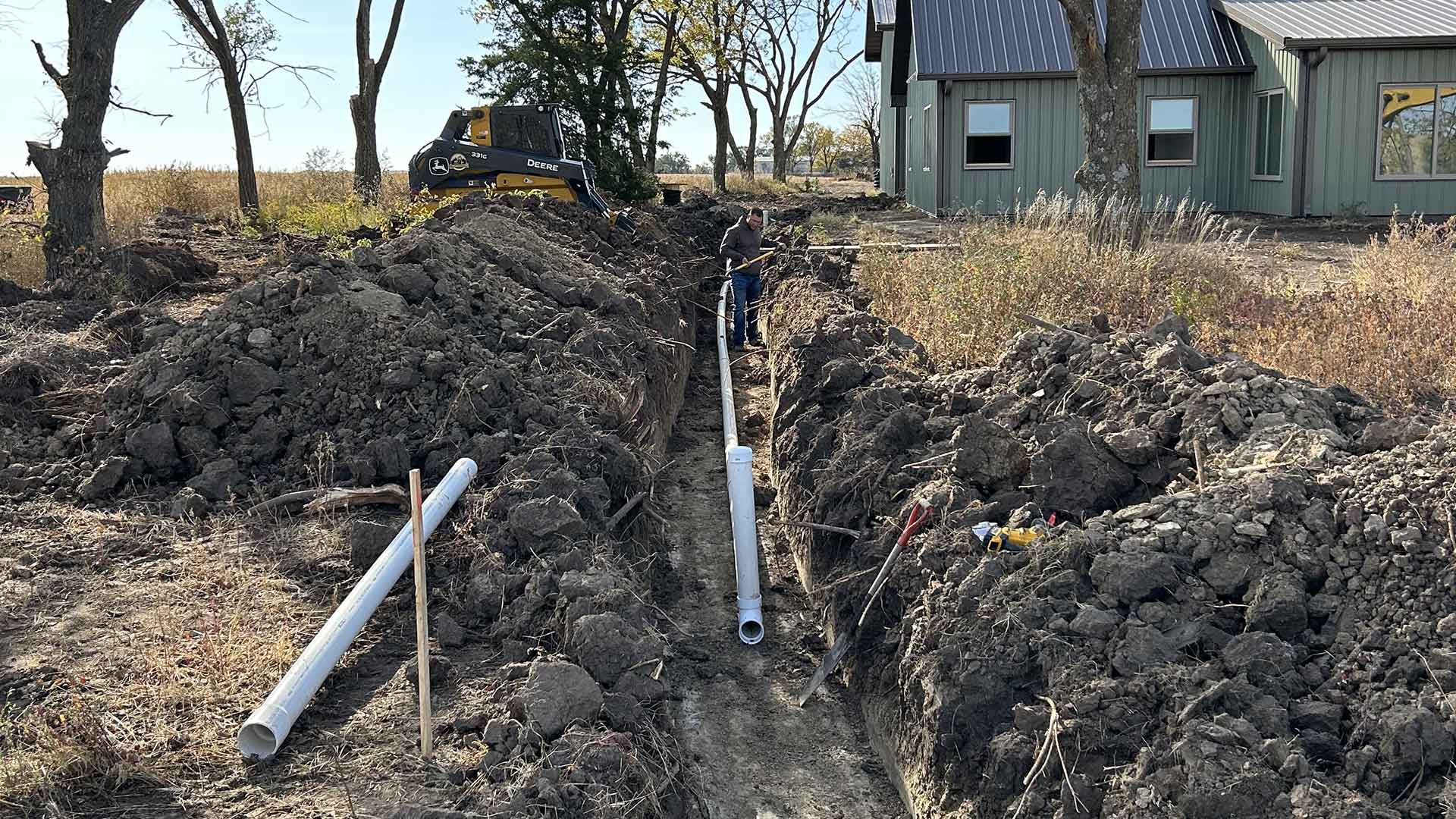 An example of a project completed by PB Land management, providing skid loader, excavation, septic, driveway, culvert, pond, tree clearing, dam, digging, road, lagoon, grade work, hauling, demolition, farmstead cleaning, retaining wall, snow removal, and brush hogging services to north central Kansas.